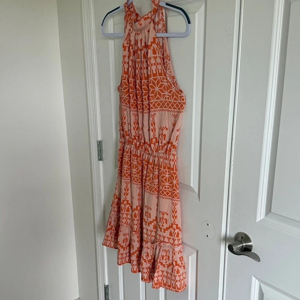 BTFBM Orange Patterned Light Pink Aztex Tribal Sleeveless Halter Mini Dress Med